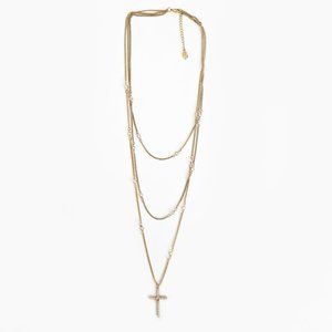 Guess Gold Tone Cross Layered Necklace